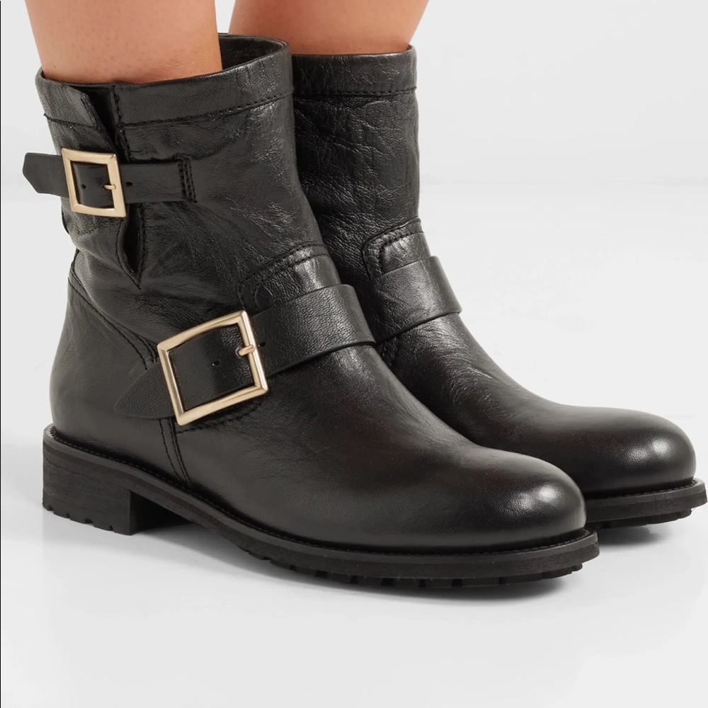 Jimmy Choo Youth Black Leather Biker Boots 38.5 - Picture 3 of 16